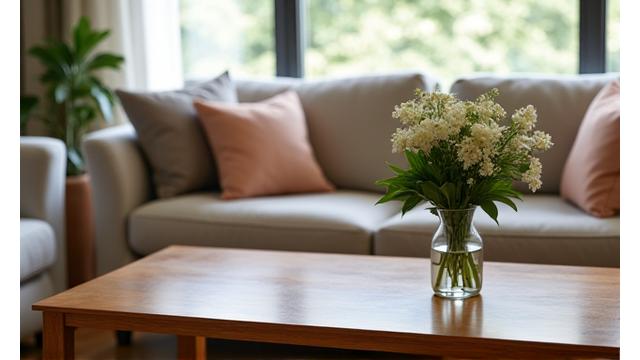 Tidy living room with fresh flowers